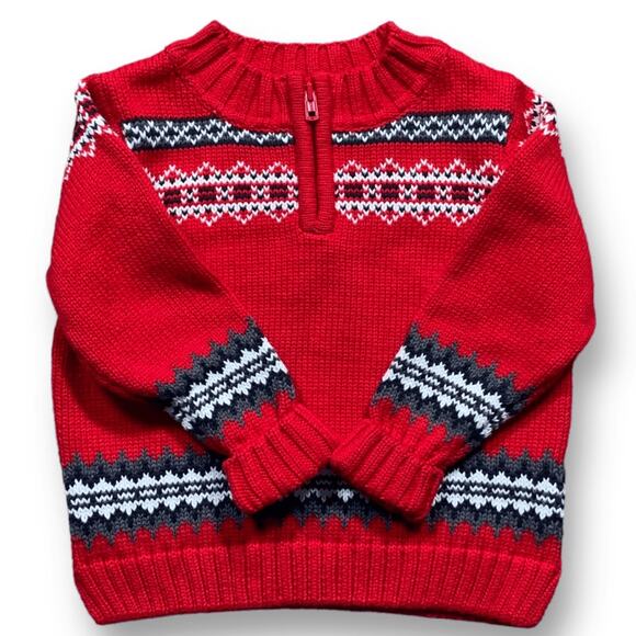 Infant Lands End Sweater Red Fair Isle QuarterZip Mock Neck Knit Size 24 Months - Picture 1 of 8